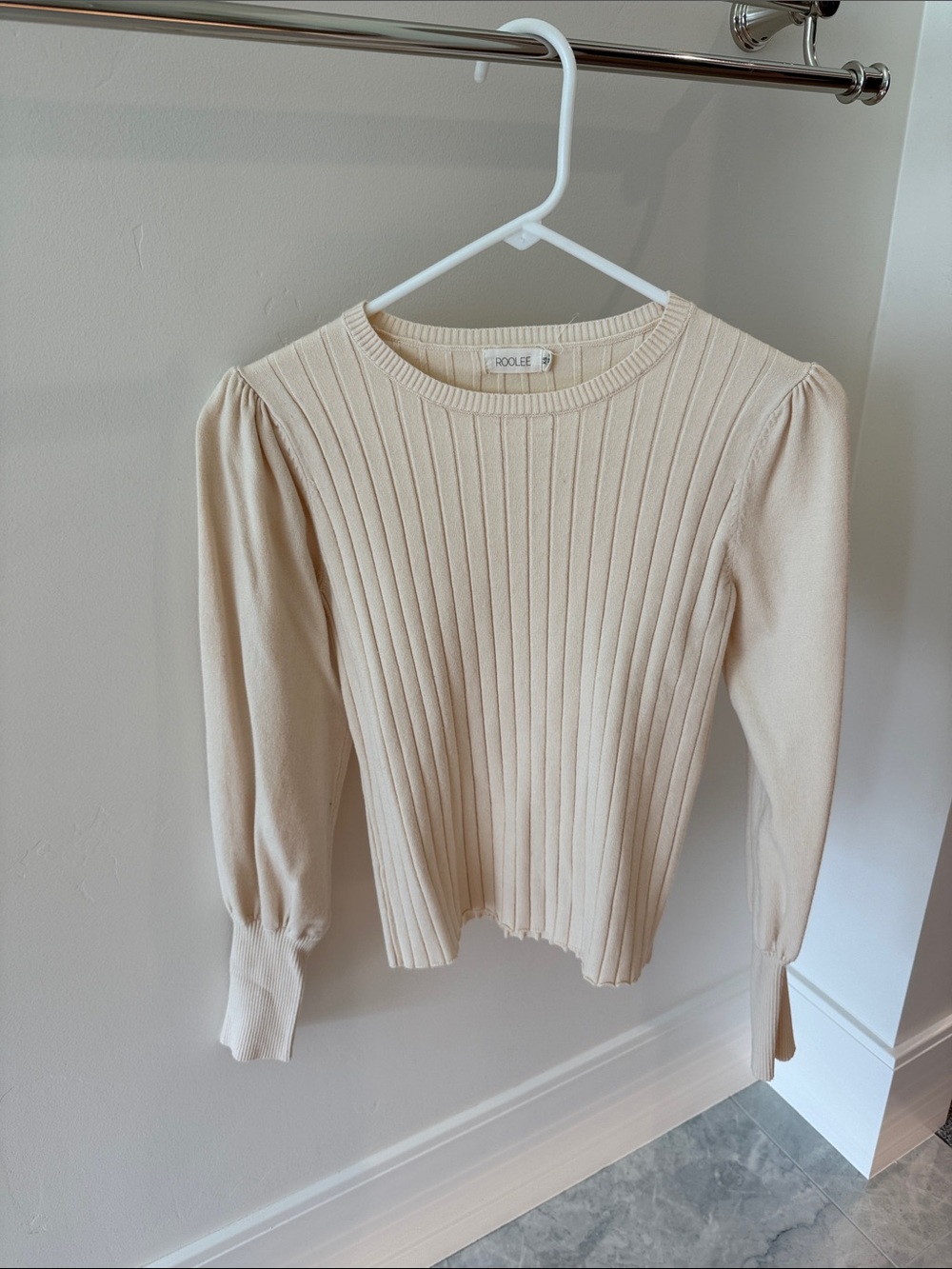 Roolee Cream Ribbed Puff-Sleeve Long Sleeve Top
